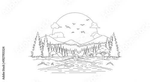 Black and White Mountain Landscape Illustration 1.