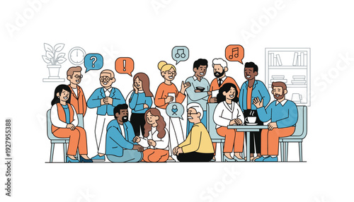 Diverse group of people communicating and collaborating in modern office setting