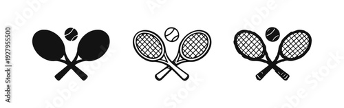 Tennis Rackets and Ball Icon Set in Solid, Outline, and Hand-Drawn Styles