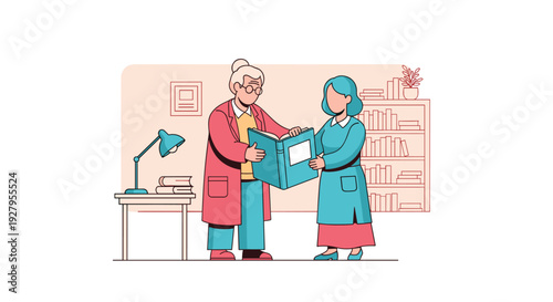 An elderly librarian or teacher in a pink coat shows a large book to a younger woman inside a room with bookshelves.