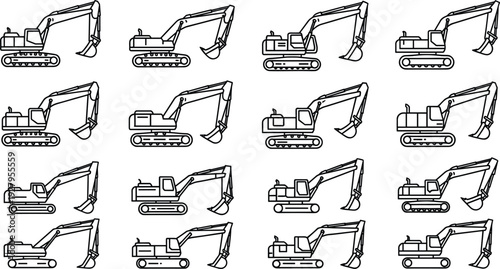 Excavator Construction Machine Line Icons Set Featuring Crawler Digger Variations Heavy Equipment Industrial Engineering Vector Collection