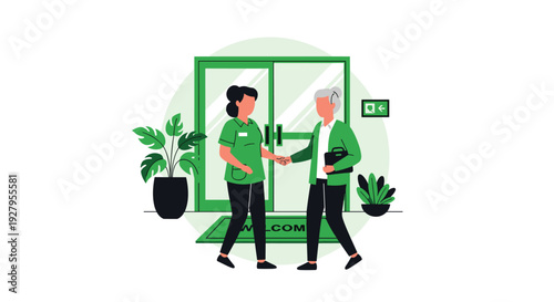 A female healthcare worker in a green uniform welcomes an elderly man with a handshake at the entrance of a facility.