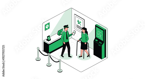 In an isometric view, a security guard assists an elderly woman with a walker at an official service counter next to a terminal.