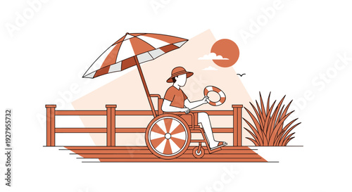 A person in a wheelchair holds a lifebuoy while sitting under a striped umbrella on a wooden boardwalk by the beach.