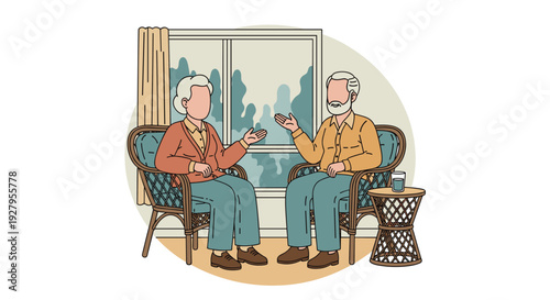 An elderly couple has a pleasant conversation while sitting in wicker armchairs in front of a large window in their home.