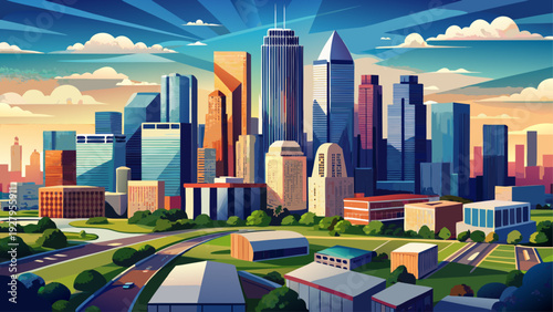 Very beautiful aerial panorama of Downtown Houston, Texas, USA, showcasing modern skyscrapers rising dramatically above the urban grid beneath a vast southern sky.