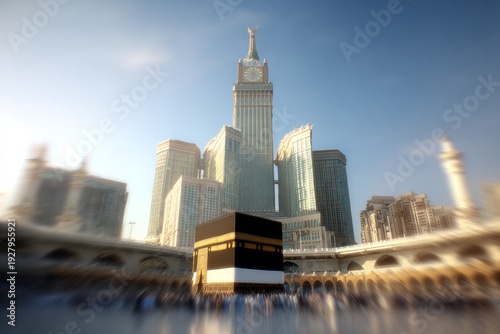 Sacred cube structure stands before tall buildings under a clear sky.