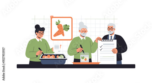 A young caregiver and an elderly couple prepare healthy meals together in a kitchen, organizing food containers and checking a list.