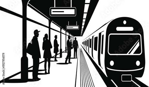 Black and white illustration of people waiting for train on platform at subway station
