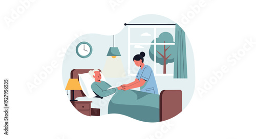 A compassionate female caregiver in a light blue uniform holds the hand of an elderly male patient resting in a bed in a sunlit room.