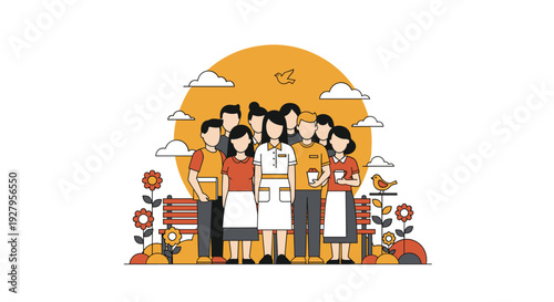 A diverse group of ten people, including a central nurse figure, stand together in a park with a large orange sun in the background.