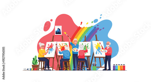 A group of five happy senior citizens participate in an art class, painting on canvases with a colorful rainbow splash behind them.