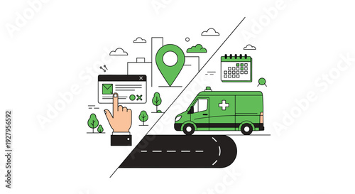 A conceptual illustration shows a hand booking an ambulance online with a map pin and calendar next to the emergency vehicle on a road.