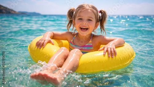 Happy little girl floating on yellow inflatable ring in clear blue sea water enjoying sunny summer beach vacation