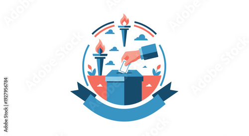 A flat design illustration of a hand placing a vote into a ballot box, framed by a patriotic emblem with flaming torches and a ribbon banner.