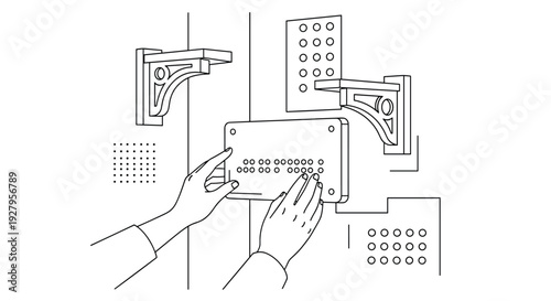 A line art illustration showing a pair of hands reading a Braille device, with abstract dot patterns and shelf brackets in the background.