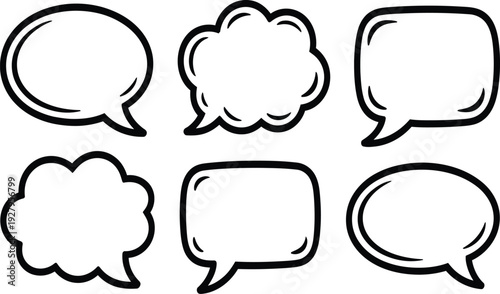 A set of six hand drawn comic speech bubbles for dialogue and communication