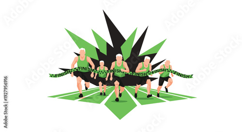 A group of active senior men in green athletic wear are illustrated sprinting together and crossing the finish line of a race, set against a dynamic starburst background.