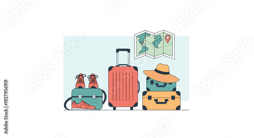 A collection of travel and vacation essentials, including various suitcases, a duffel bag, sneakers, a hat, and a map, are illustrated together, ready for a journey.