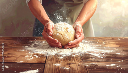 Baker's hands holding flour-dusted bread dough over a wooden table baking