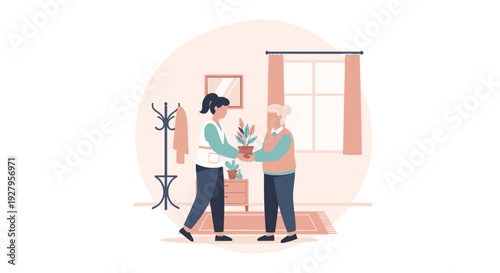 A compassionate female caregiver or volunteer gives a potted plant as a gift to an elderly woman inside her home, illustrating kindness, support, and senior assistance.