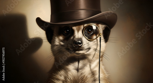 A meerkat wearing a top hat and monocle a whimsical portrait