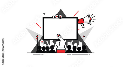 A minimalist graphic illustration shows a large hand holding a blank sign in front of a cheering crowd with a megaphone nearby.
