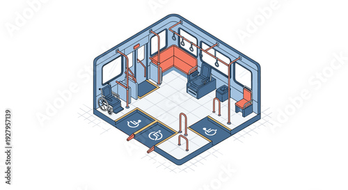 An isometric cutaway illustration shows the interior of a public transit vehicle with accessible features like wheelchair spaces and priority seating.