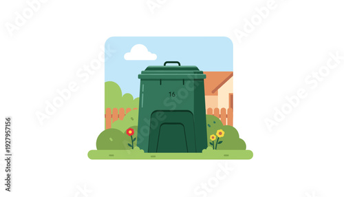 Green recycling bin with flowers in front of house and fence
