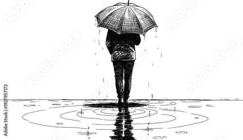 Vector, Illustration, of, Person, with, Umbrella, Standing, in, Rain, for, Identity, Branding, Professional, Graphic, Design, Projects, Concept, Art, Element, Weather, Solitude, Nature
