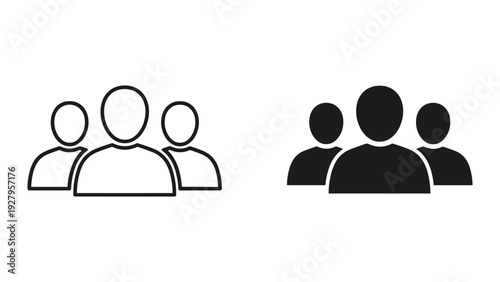 Group of People Icon Set: Outline and Solid Silhouette Icons for Team, Community, and Users