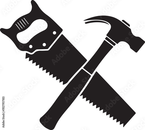 Crossed saw and hammer, carpentry tools for woodworking and construction industry for building and repair projects