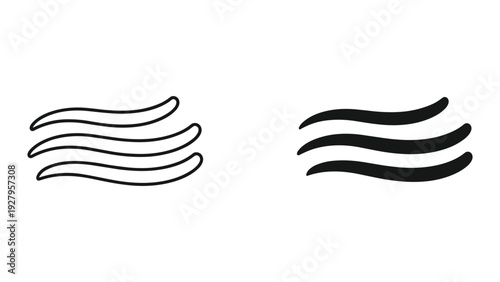 Line art and filled icons representing wavy lines for wind, air or water flow, isolated on white.