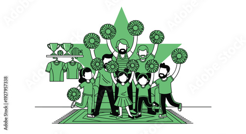 A happy family of sports fans, including parents and children, cheers together with pom-poms in a room decorated with trophies and jerseys.