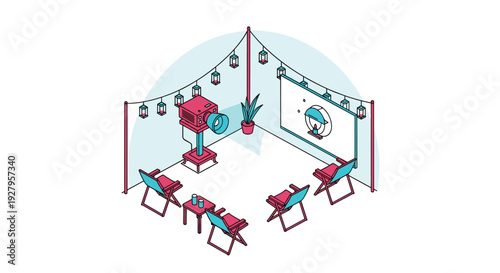 An isometric illustration of a cozy outdoor movie night setup with a vintage projector, screen, folding chairs, and string lights.