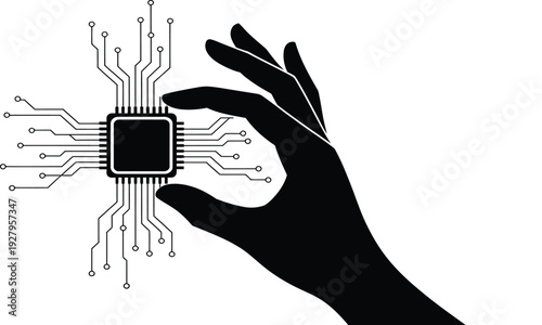 A black silhouette of a hand reaching for a microchip with circuit board connections