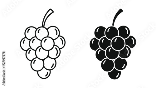 Grapes icons: line art and solid silhouette vector illustrations on white background.
