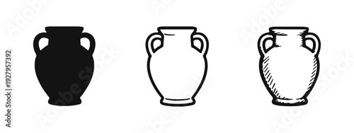 Ancient Greek Amphora Vase Icons Set in Silhouette, Outline, and Hand-Drawn Sketch Styles