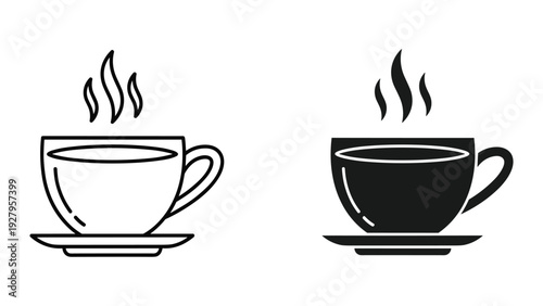 Hot Coffee Cup Icons: Line Art and Silhouette with Steam, Isolated on White