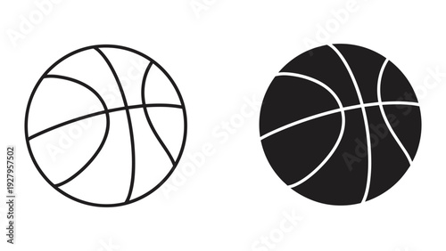 Basketball Icons: Line Art and Silhouette Comparison on White Background