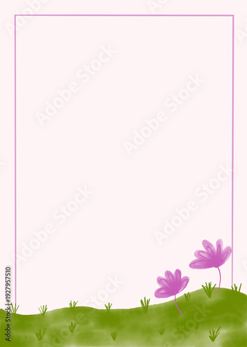 Pink frame with green grass and purple flowers, spring nature border, celebrating growth and new beginnings