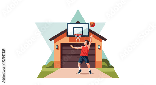 A man in athletic wear plays basketball in his suburban home driveway, jumping to shoot the ball towards a hoop mounted on the garage.
