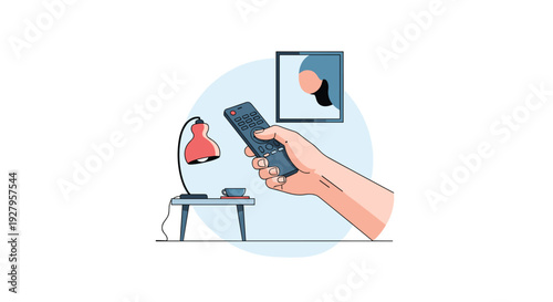An illustration shows a close-up of a hand holding a remote control, with a side table featuring a lamp and a cup in the background.