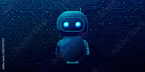 A futuristic robot stands centered against a complex digital circuit background
