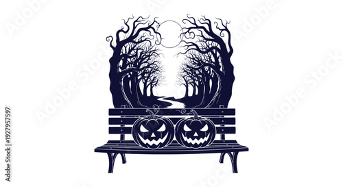 Spooky Halloween Night Forest Path with Jack-O-Lantern Pumpkins on Bench Silhouette Vector