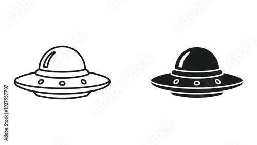Two UFO Icons: Outline and Solid Black Flying Saucer, Isolated on White Background