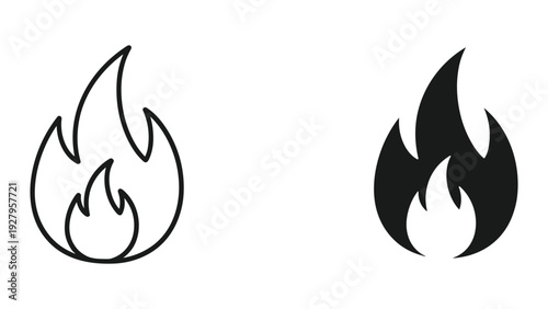 Fire Flame Icons - Outline and Solid Shapes on White Background, Symbol of Heat and Energy