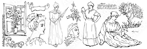 Antique rural life and portrait doodles. Victorian lady with umbrella. Classic window and nature sketches. Vintage engraved style figures. Retro historical elements isolated on white background.