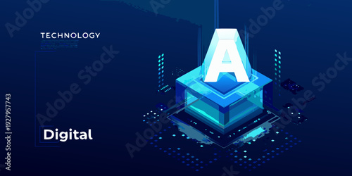 Isometric representation of a glowing letter a with digital technology elements