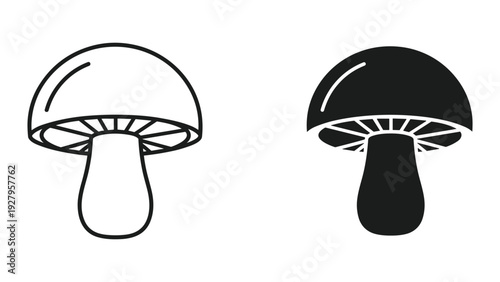 Mushroom Icon Set: Outline and Solid Silhouette of Fungi, Isolated on White Background